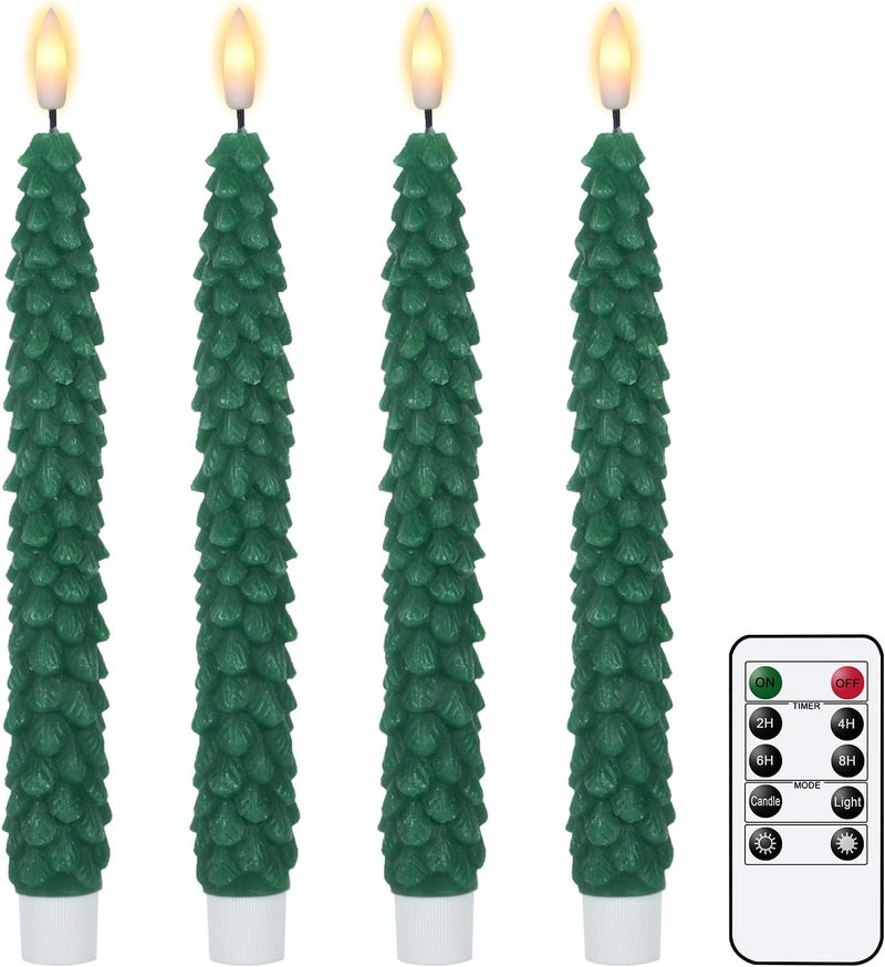DRomance Christmas Tree Flameless Taper Candles Battery Operated with 10-Key Remote and Cycle Timer 4 Pack Real Wax 3D Wick Flickering LED Candlesticks Holiday Decor(Green, 0.79 x 9.9 Inch) - Image 1
