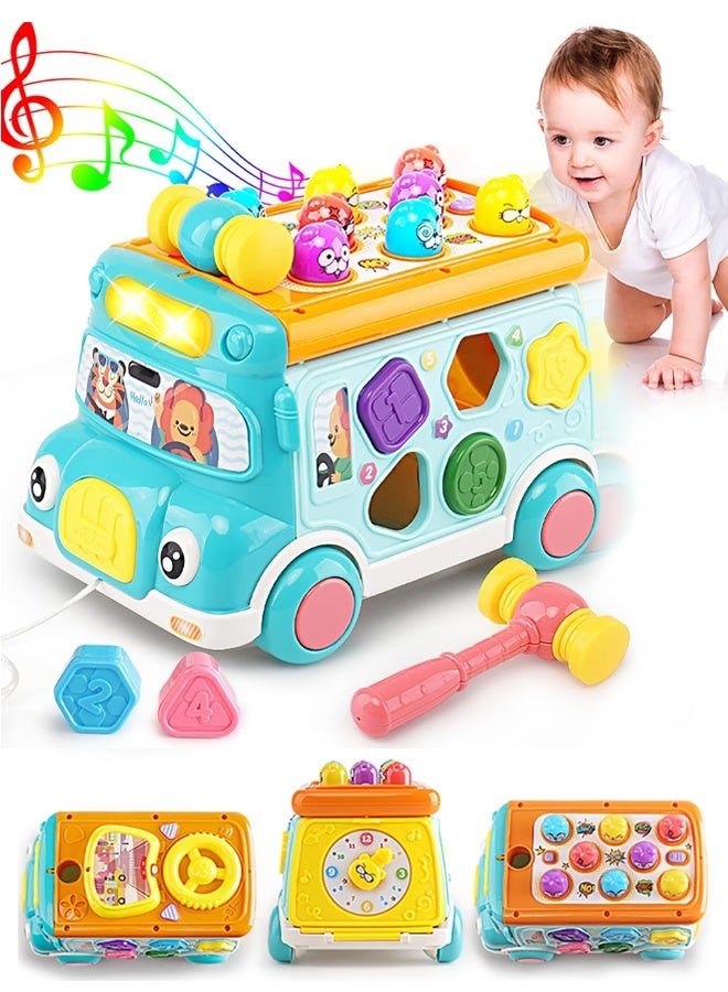 Music Activity Bus Baby Toy, Infant Education Learn Car, Sound & Light, Interactive Game, Shape Sorter, Animal Matching, Holiday Birthday Present for Toddler Kid Boy Girl 3 4 5 6 7 Years (Blue) - Image 1