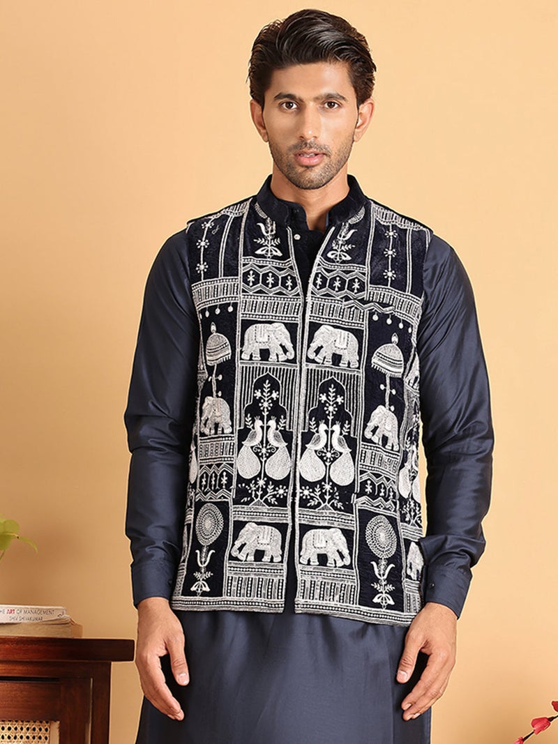 NOZ2TOZ Navy Blue Embroidered Velvet Nehru Jacket for Men - Image 4