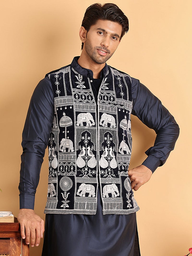 NOZ2TOZ Navy Blue Embroidered Velvet Nehru Jacket for Men - Image 1