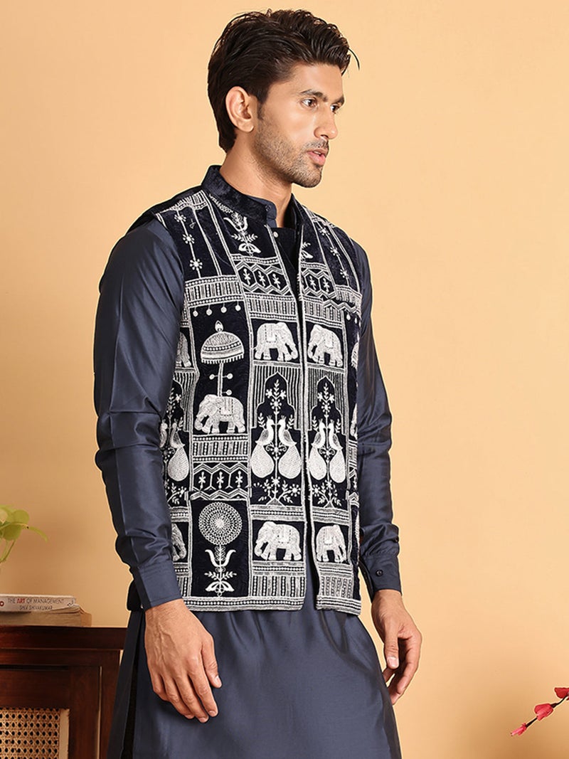 NOZ2TOZ Navy Blue Embroidered Velvet Nehru Jacket for Men - Image 2