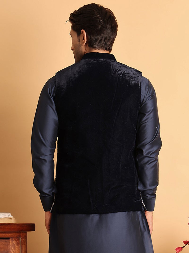 NOZ2TOZ Navy Blue Embroidered Velvet Nehru Jacket for Men - Image 3