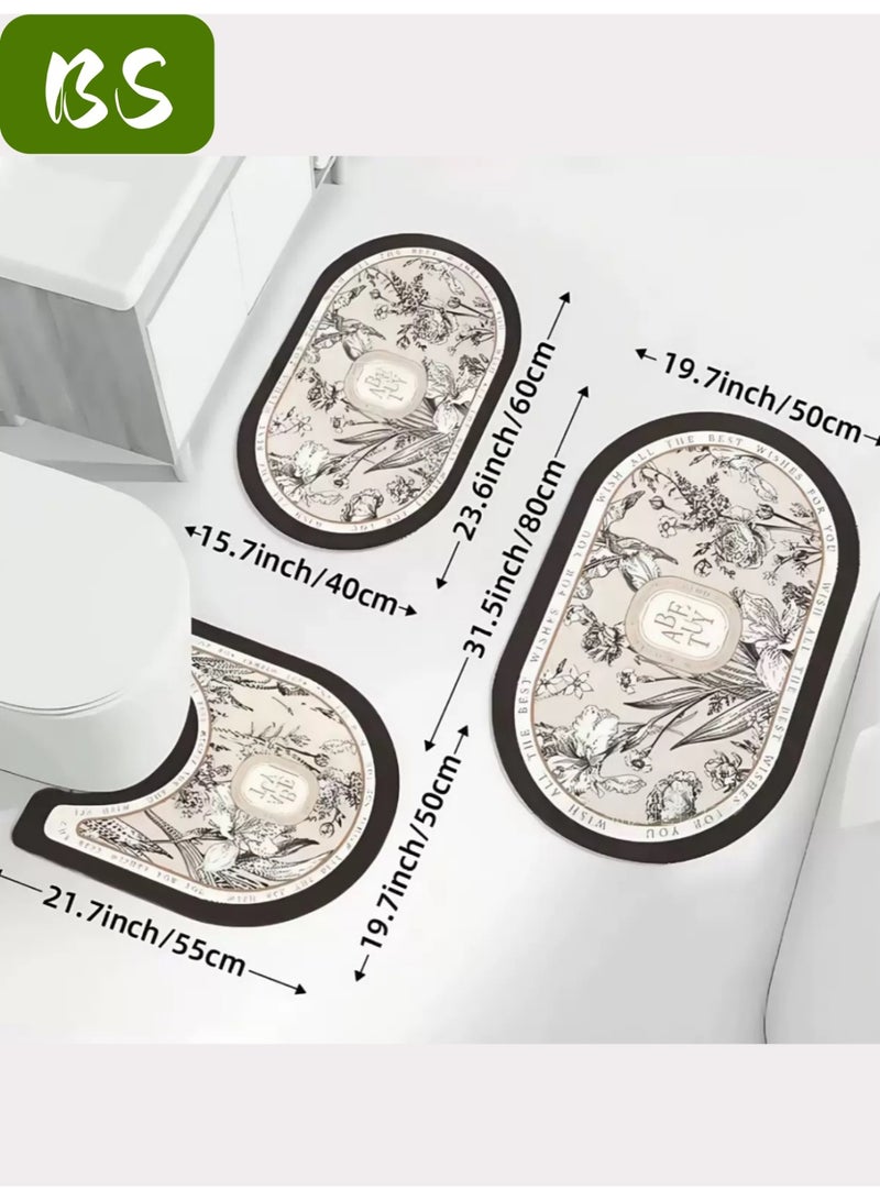 BS Diatom bathroom mat set (sink mat + bathroom mat + toilet mat), non-slip bathroom floor mat and quick-drying bathroom rug, super absorbent bathtub mat, flower pattern, non-slip, thickened, soft, easy to clean rug. - Image 4