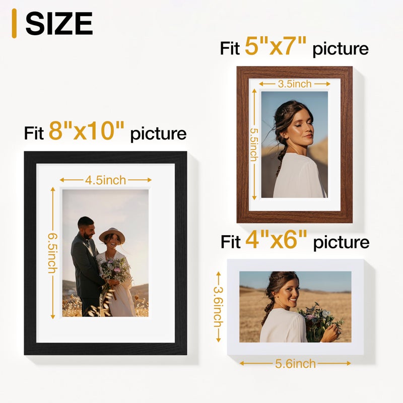 Vittanly 15 Pack Picture Frames Collage Wall Decor, Multi Sizes Including 3pcs 8x10, 6pcs 5x7 and 6pcs 4x6 Photo Frames, Gallery Frame Set for Wall or Tabletop Display, Black, Walnut Brown and White - Image 3