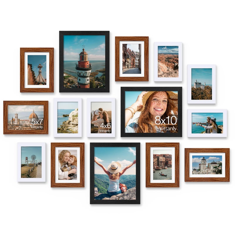 Vittanly 15 Pack Picture Frames Collage Wall Decor, Multi Sizes Including 3pcs 8x10, 6pcs 5x7 and 6pcs 4x6 Photo Frames, Gallery Frame Set for Wall or Tabletop Display, Black, Walnut Brown and White - Image 1