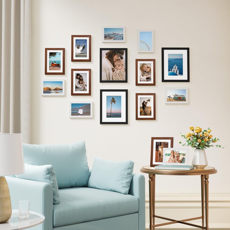 Vittanly 15 Pack Picture Frames Collage Wall Decor, Multi Sizes Including 3pcs 8x10, 6pcs 5x7 and 6pcs 4x6 Photo Frames, Gallery Frame Set for Wall or Tabletop Display, Black, Walnut Brown and White - Image 4