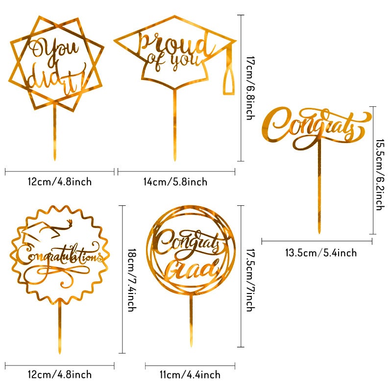 Whaline Graduation Cake Topper Gold Acrylic Cake Topper Congrats Grad You Did It Congratulations 5 Design Table Centerpiece Sticks Grad Party Food Appetizer Picks for Cake Decor Supplies, 10pcs - Image 2