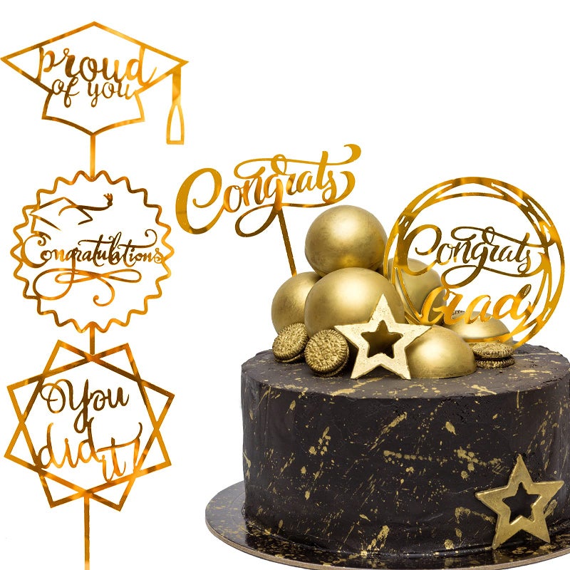 Whaline Graduation Cake Topper Gold Acrylic Cake Topper Congrats Grad You Did It Congratulations 5 Design Table Centerpiece Sticks Grad Party Food Appetizer Picks for Cake Decor Supplies, 10pcs - Image 1