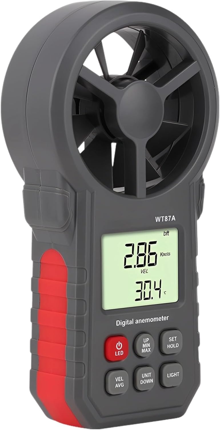 جهاز قياس سرعة الرياح اليدوي WT87A، عداد رقمي لسرعة الرياح مع شاشة LCD مضيئة من الخلف، عرض بوحدات متعددة، يقيس درجة حرارة الرياح، دقة عالية للقراءات القصوى والدنيا والمتوسطة، حجم صغير 7.1 x 5.1 x 2.4 - Image 1