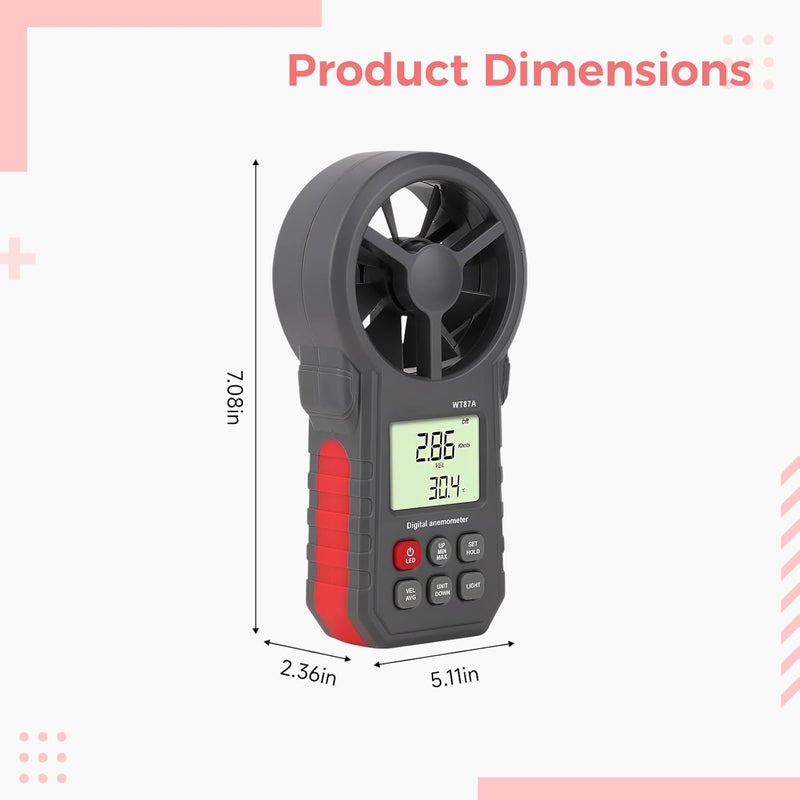 جهاز قياس سرعة الرياح اليدوي WT87A، عداد رقمي لسرعة الرياح مع شاشة LCD مضيئة من الخلف، عرض بوحدات متعددة، يقيس درجة حرارة الرياح، دقة عالية للقراءات القصوى والدنيا والمتوسطة، حجم صغير 7.1 x 5.1 x 2.4 - Image 4