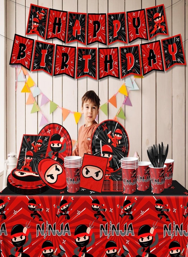 Bezkega Ninja Birthday Party Decoration Tableware Set, 142pcs Plates and Napkins Supplies Include Warrior Plates Napkin Cups Tablecloth Banner for Ninja Master Birthday Decor - Image 3