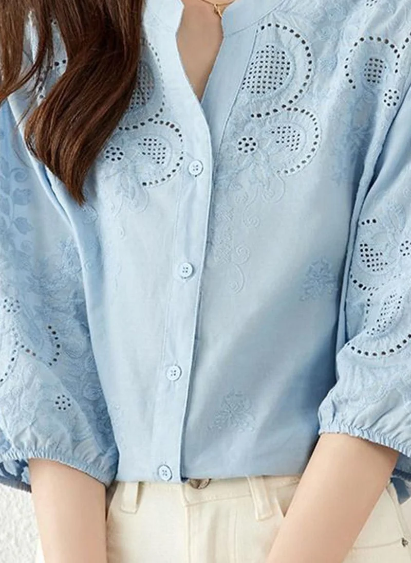YUNIQEE Blue High Neck Three-Quarter Sleeves Solid Top