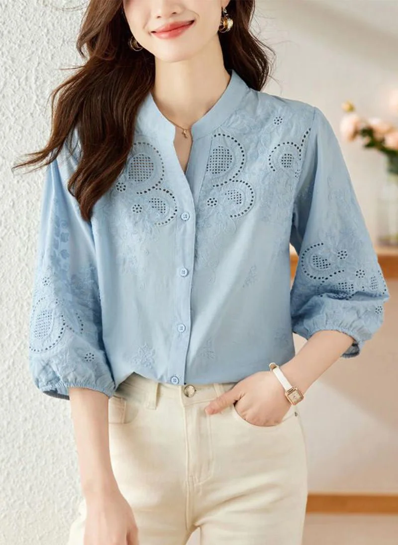 YUNIQEE Blue High Neck Three-Quarter Sleeves Solid Top