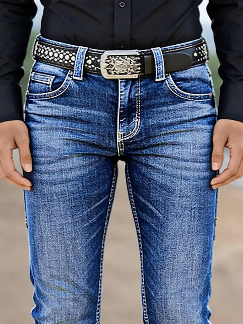 Flamingals Bootcut Mid Waist Button Decor Patched Pocket Women's Jeans Retro Wash Denim Pants Without Belt Navy Blue L - Image 3