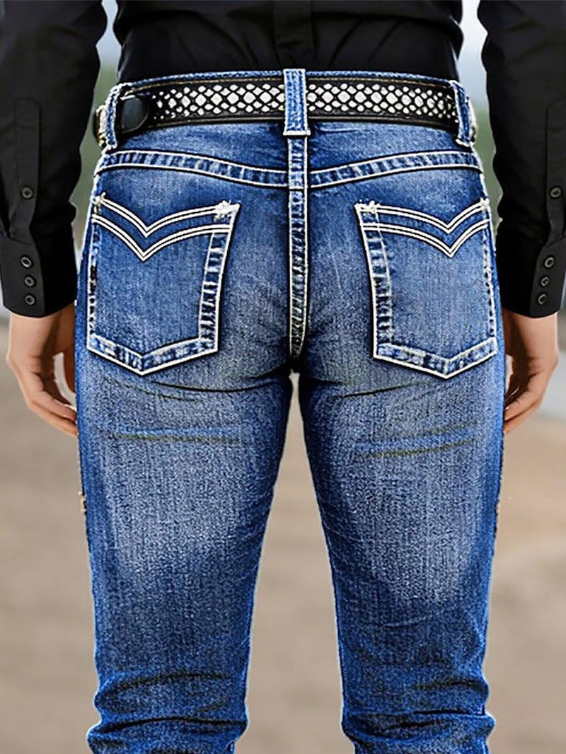 Flamingals Bootcut Mid Waist Button Decor Patched Pocket Women's Jeans Retro Wash Denim Pants Without Belt Navy Blue L - Image 4