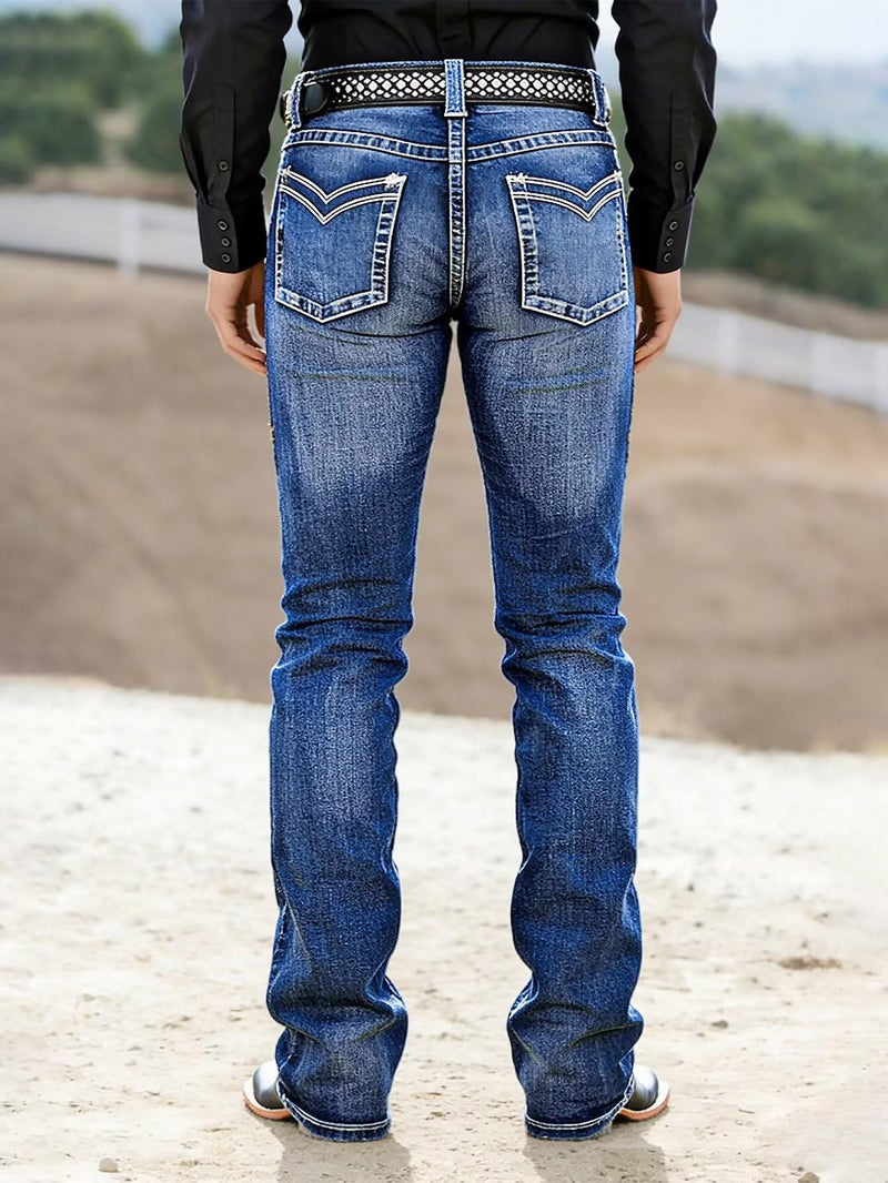 Flamingals Bootcut Mid Waist Button Decor Patched Pocket Women's Jeans Retro Wash Denim Pants Without Belt Navy Blue L - Image 5