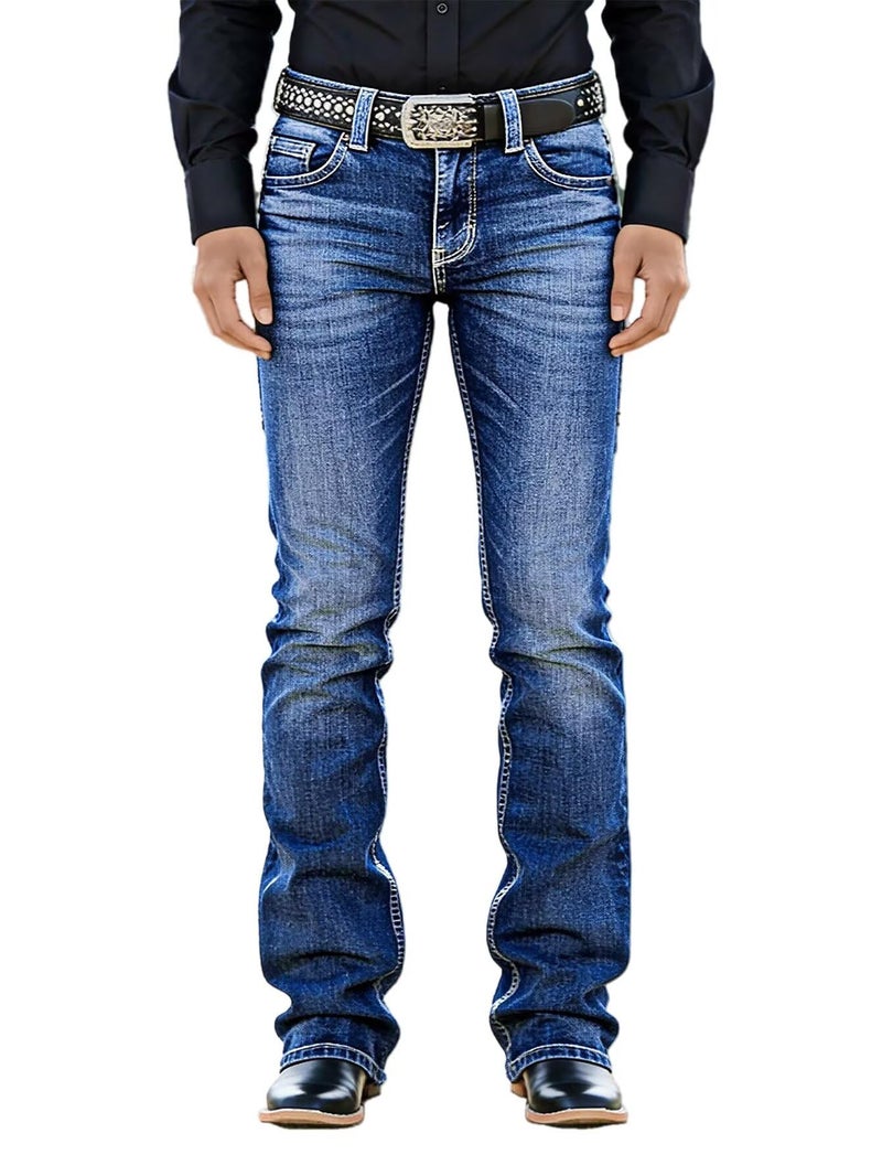 Flamingals Bootcut Mid Waist Button Decor Patched Pocket Women's Jeans Retro Wash Denim Pants Without Belt Navy Blue L - Image 1
