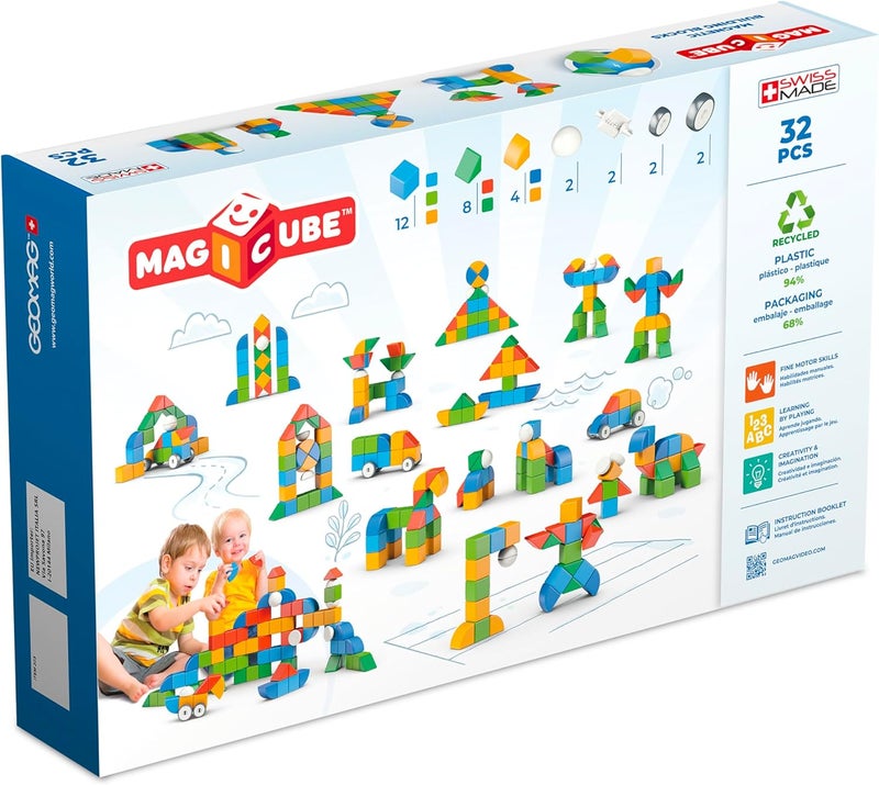 جيوماغ - Magicube 1+ أشكال - مكعبات مغناطيسية للأطفال - 4 ألوان وأشكال - 32 مكعبًا - بلاستيك معاد تدويره بنسبة 100% - Image 5