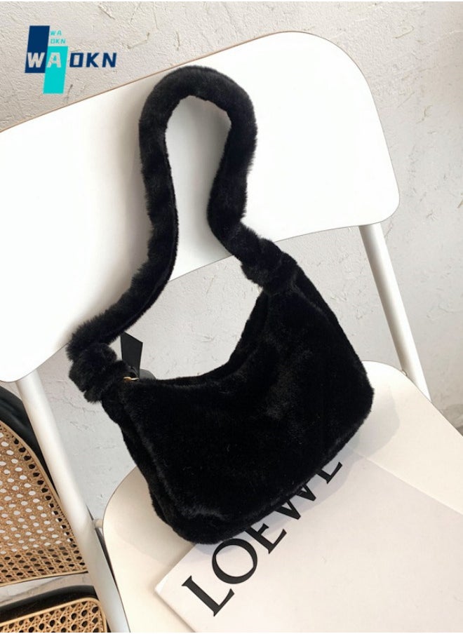 WAOKN - Women's Simple Design Soft Plush Shoulder Bag, Ladies Fashion Armpit Bag Handbag, Elegant Solid Color Carrying Bag Wrist Bag Small Bag（Black） - Image 1