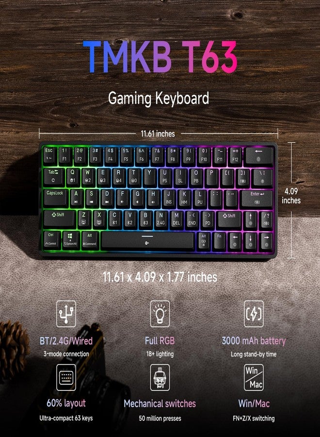 TMKB Technology Mechanical KeyBoard لوحة مفاتيح الألعاب TMKB T63، لوحة مفاتيح ميكانيكية لاسلكية بنسبة 60% مزودة بتقنية بلوتوث/2.4 جيجا هرتز/منفذ Type-C، تصميم مدمج بـ 63 مفتاحًا مضادًا للظلال، إضاءة خلفية RGB، مفاتيح خطية حمراء - أسود - Image 2