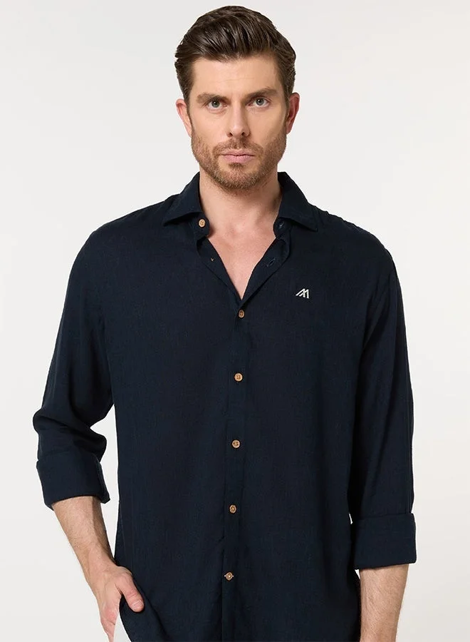 تكلف The Deep Night Navy Lyocell Linen Shirt with Smooth Elegance