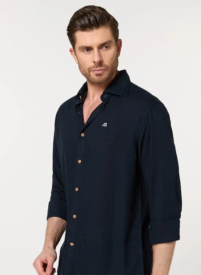 تكلف The Deep Night Navy Lyocell Linen Shirt with Smooth Elegance