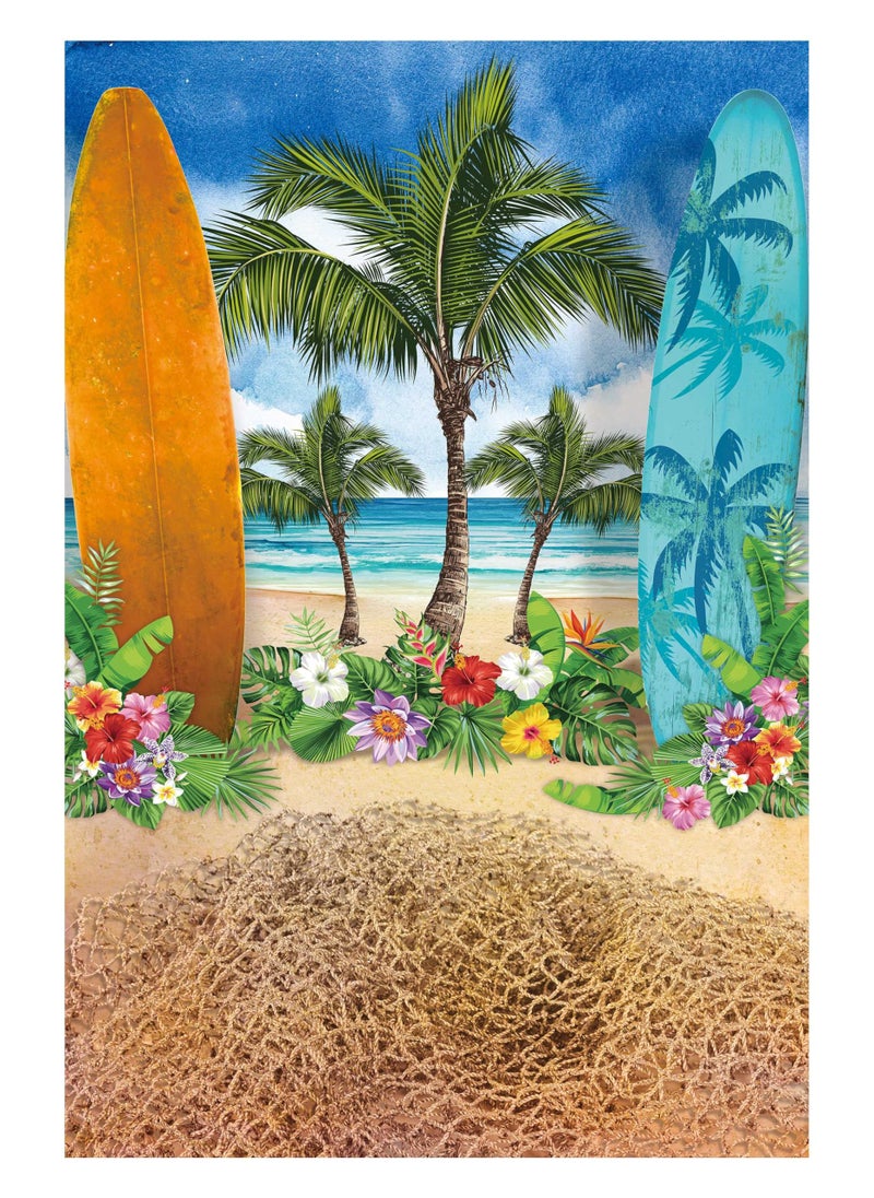 Allenjoy 95 x 141 Summer Beach Ocean Backdrops for Photography Blue Sky Seaside Surfboard Background Tropical Palm Trees Kids Girls 1st Birthday Party Decor Banner Baby Shower Photo Booth Prop