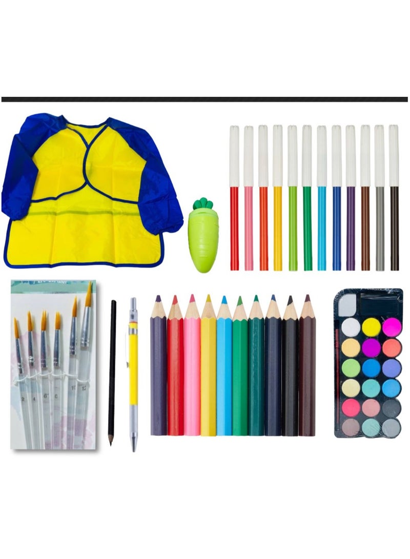 مجموعة ادوات الرسم والتلوين ( مريلة مقاس سمول  + الوان خشب 12 لون + الوان فلوماستر 12 لون + الوان مائية 16 لون + كفرش الوان مائية + قلم سنون باستيكة + قلون رصاص خشبي + استيكة وبراية علي شكل جزرة ) - Image 1