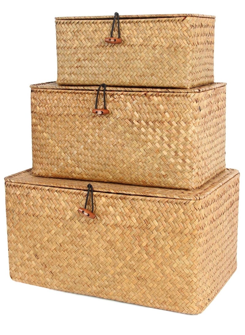 HOME TASTE Rectangular Seagrass Storage Basket Set with Lid Woven Wicker Organizer Bins for Home Decor and Shelf Organization Rattan Storage Baskets - Image 1