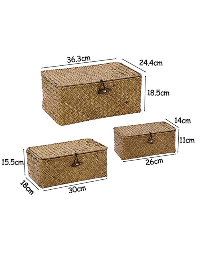 HOME TASTE Rectangular Seagrass Storage Basket Set with Lid Woven Wicker Organizer Bins for Home Decor and Shelf Organization Rattan Storage Baskets - Image 2