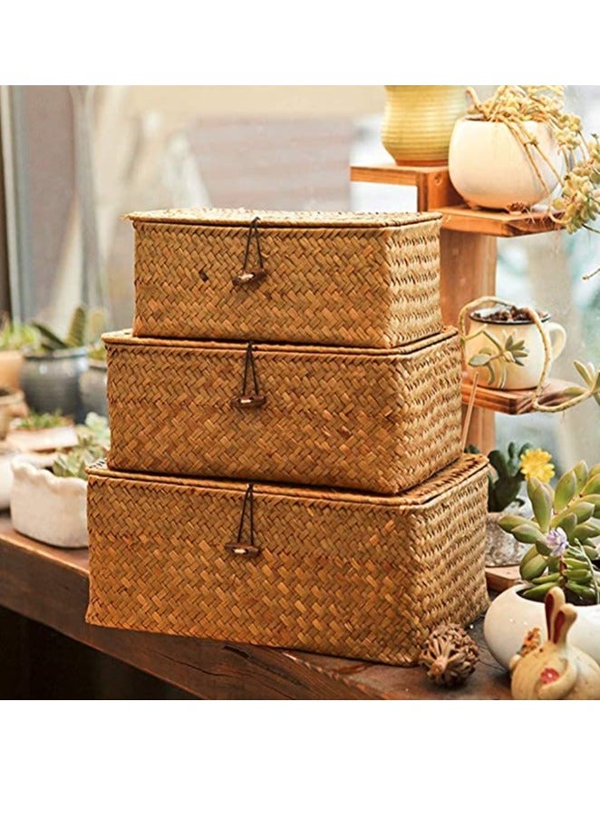 HOME TASTE Rectangular Seagrass Storage Basket Set with Lid Woven Wicker Organizer Bins for Home Decor and Shelf Organization Rattan Storage Baskets - Image 3
