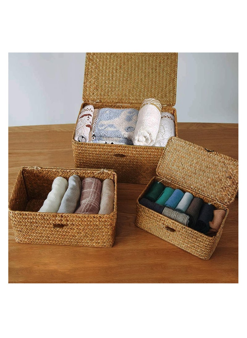 HOME TASTE Rectangular Seagrass Storage Basket Set with Lid Woven Wicker Organizer Bins for Home Decor and Shelf Organization Rattan Storage Baskets - Image 4