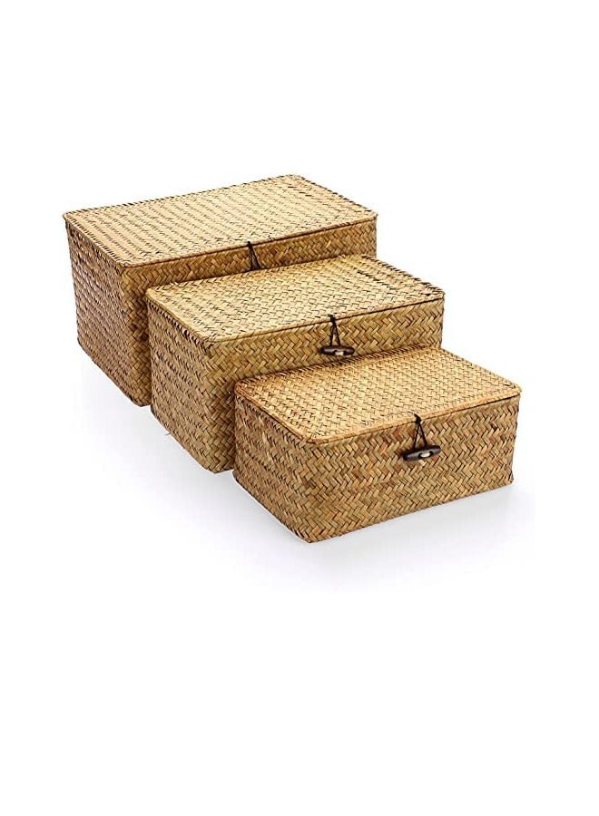 HOME TASTE Rectangular Seagrass Storage Basket Set with Lid Woven Wicker Organizer Bins for Home Decor and Shelf Organization Rattan Storage Baskets - Image 5