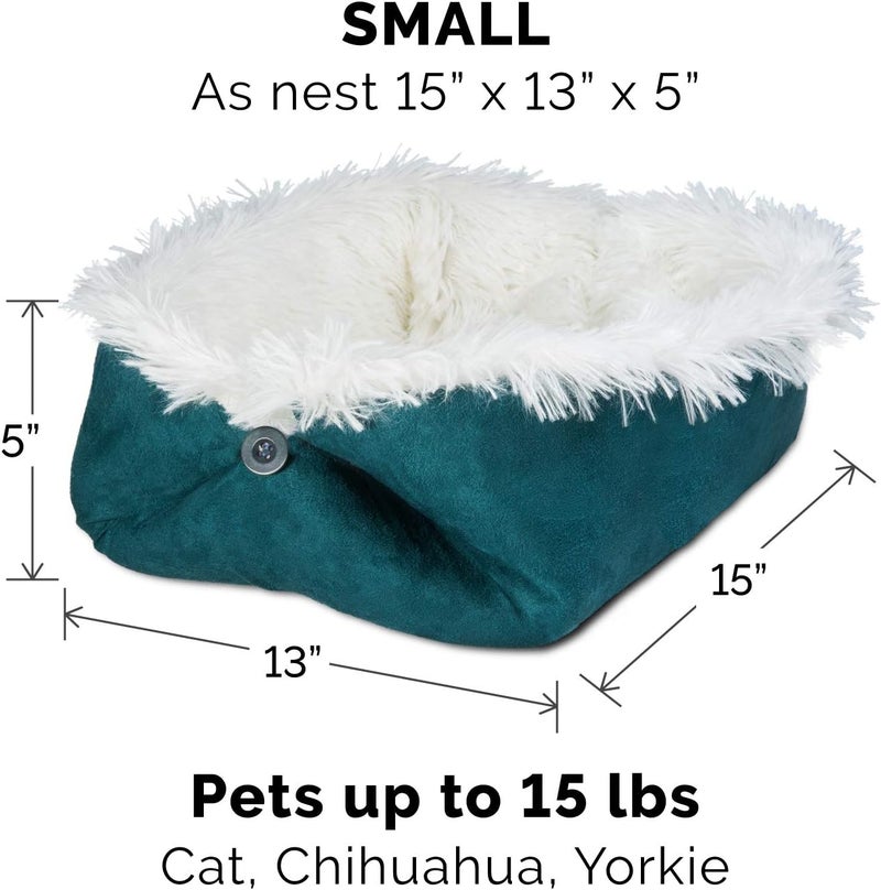 Furhaven Self-Warming Cat Bed for Indoor Cats, 4-Beds-in-1 & Washable - Plush Long Faux Fur Convertible Cuddler - Spruce, Small - Image 2