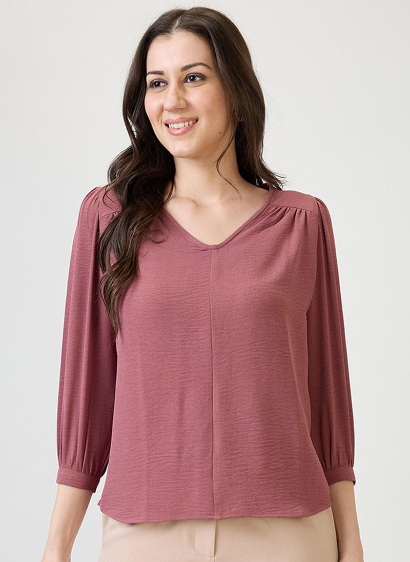 Globus Women's Pink Formal Top with V-Neck and Self Design Details - Image 1