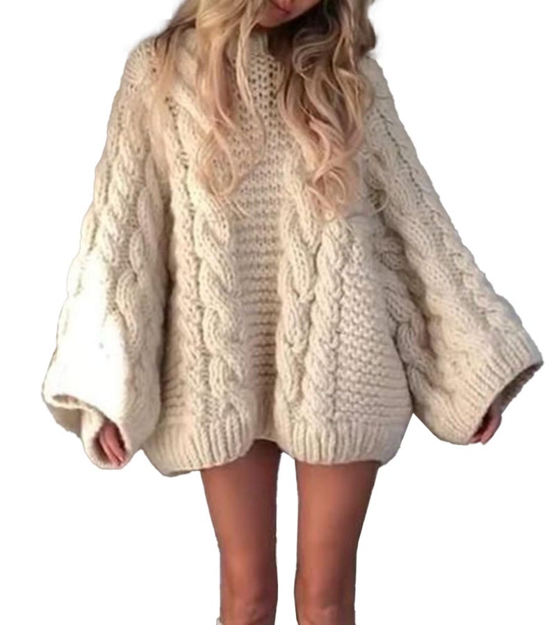 Unybwonn Winter Sweaters for Women Bolero Long Sleeve Oversized Cable Knit Loose Thick Pullover Sweater 2025 Trendy Clothes Beige - Image 1