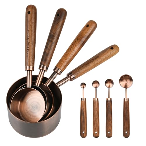 Smithcraft Copper Measuring Cups Spoons Set 8 Stainless Steel Measuring Cups and Spoons Set for Baking and Kitchen Metric US Metal Measure Cup Spoon with Wood Handle for Dry Liquid - Image 1