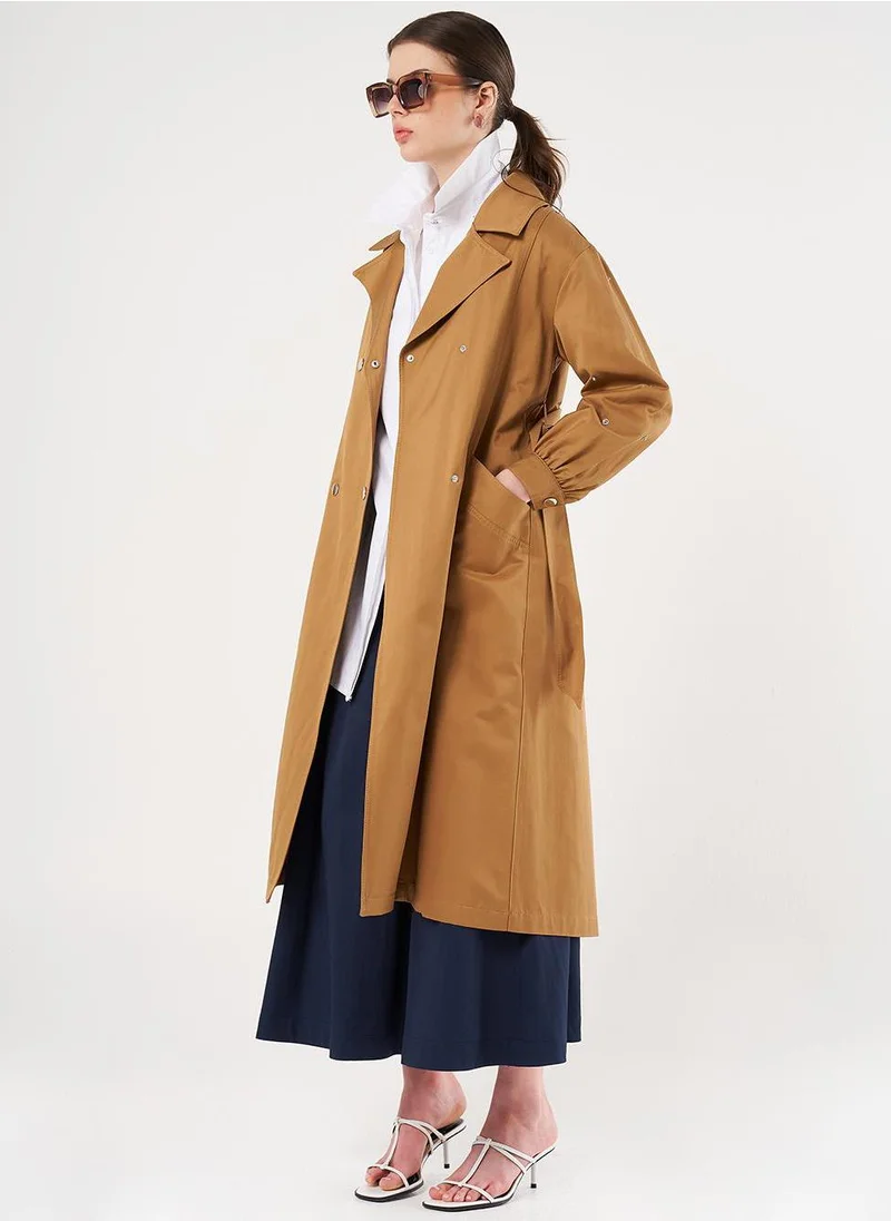 Kayra Mandarin Collar Belted Trench Coat Tobacco