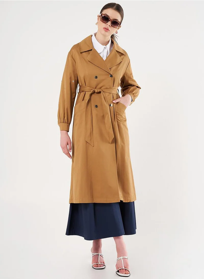 Kayra Mandarin Collar Belted Trench Coat Tobacco
