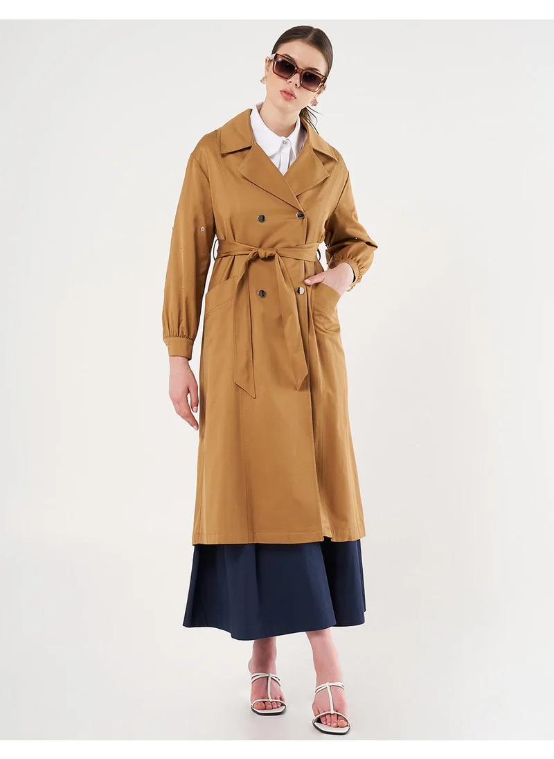 Kayra Mandarin Collar Belted Trench Coat Tobacco