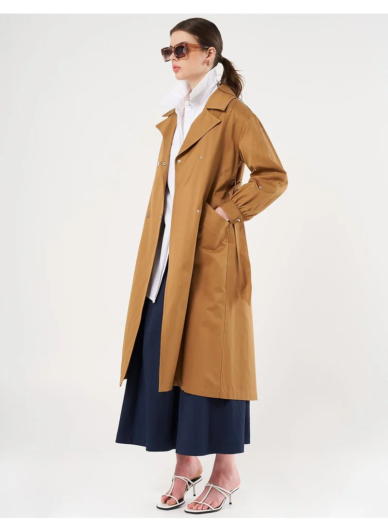 Kayra Mandarin Collar Belted Trench Coat Tobacco