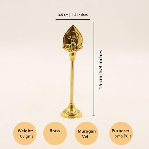 Putrika Traditional Handcrafted Brass Lord Muruga Vel God Idol with Round Base for Home Pooja|Puja|Murgavel Idol Size[110gm] - Vel Stand 15cm - Image 5