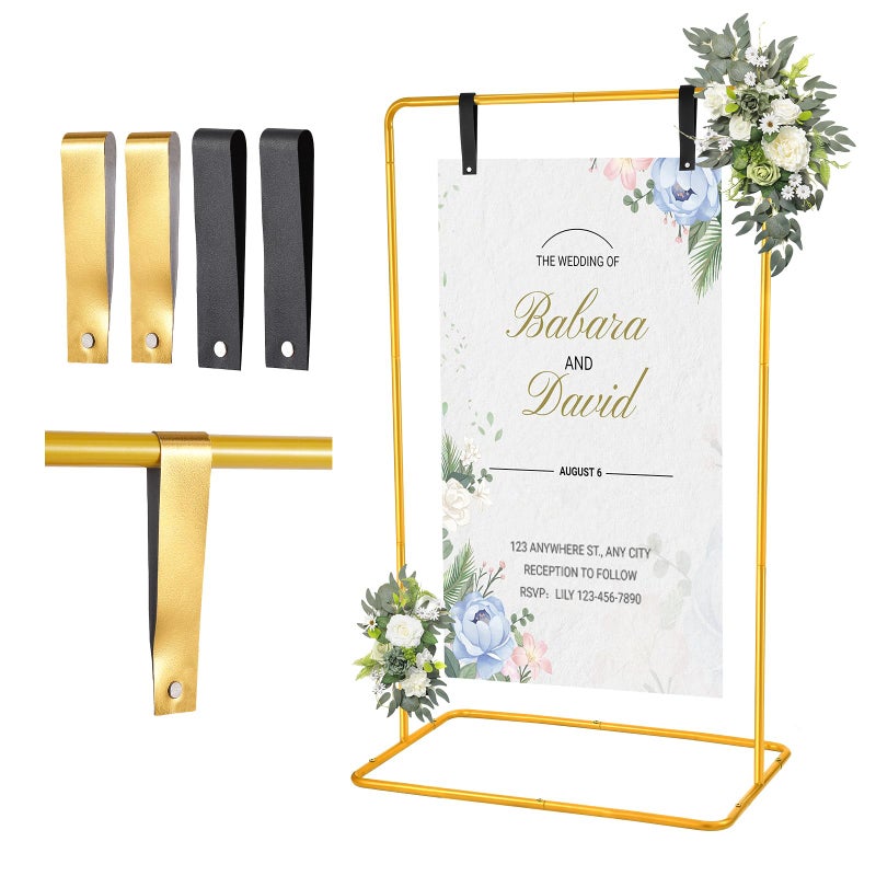 WellSign Wedding Welcome Sign Holder, 68â€x31â€x 20â€ Welcome to Our Wedding Sign Adjustable Display Stand with 4 Leather Hanging Straps,Gold Easel Stand Personalized for Baby Bridal Valentine - Image 1