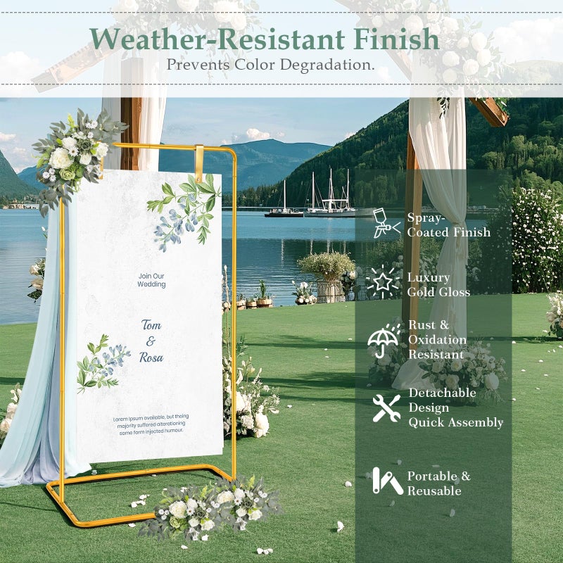 WellSign Wedding Welcome Sign Holder, 68â€x31â€x 20â€ Welcome to Our Wedding Sign Adjustable Display Stand with 4 Leather Hanging Straps,Gold Easel Stand Personalized for Baby Bridal Valentine - Image 2