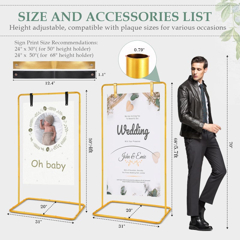 WellSign Wedding Welcome Sign Holder, 68â€x31â€x 20â€ Welcome to Our Wedding Sign Adjustable Display Stand with 4 Leather Hanging Straps,Gold Easel Stand Personalized for Baby Bridal Valentine - Image 5