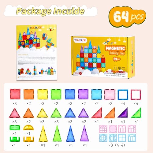 TOKBLOK 64Pcs Clear Diamond Magnetic Tiles STEM Educational Building Blocks Toys for 36 Year Old Boys Girls Ideal for Toddler Early Development Starter Set - Image 5