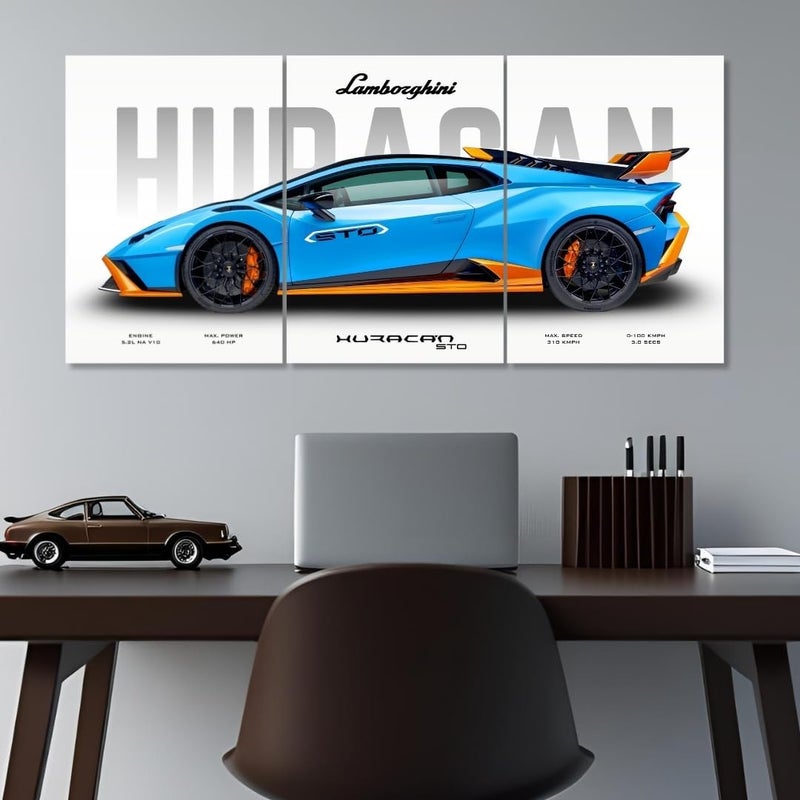 Funk You Store ملصق سيارة لامبورغيني هوراكان بتصميم مقسم | 3 ملصقات سيارات لامبو مقاس A3 للحائط | حجم كبير (89 × 42 سم) ديكور حائط لامبورغيني | ملصقات سيارات للغرفة | سيارة هوراكان STO الخارقة - Image 1