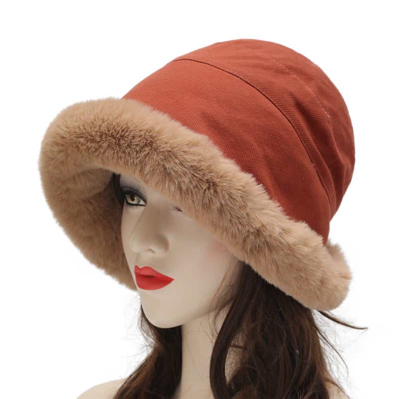ZLYC Women Winter Furry Bucket Hat Rolled Brim Faux Fur Cloche Hat with Fleece Lining (Solid Rust) - Image 2