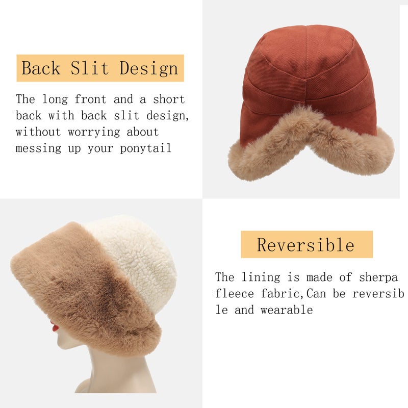 ZLYC Women Winter Furry Bucket Hat Rolled Brim Faux Fur Cloche Hat with Fleece Lining (Solid Rust) - Image 4