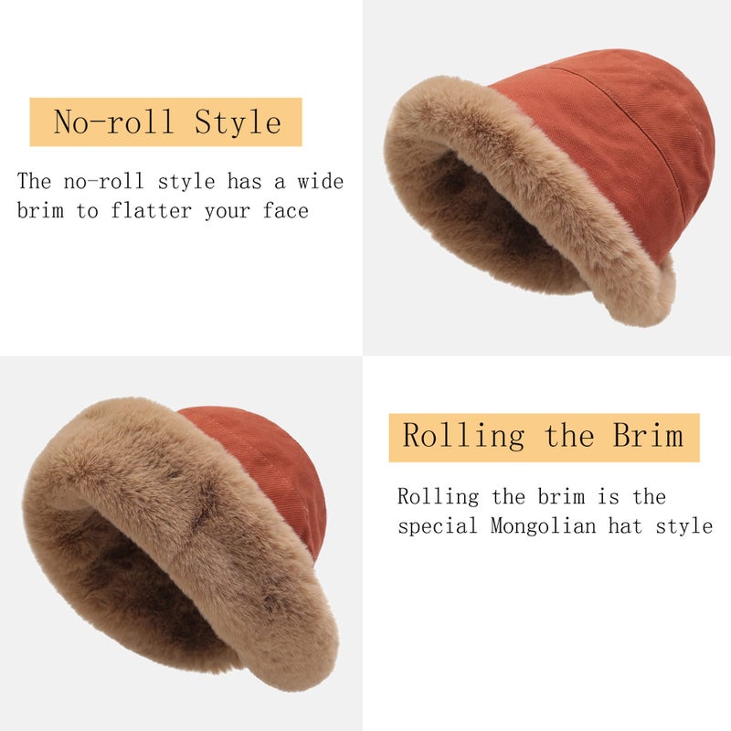 ZLYC Women Winter Furry Bucket Hat Rolled Brim Faux Fur Cloche Hat with Fleece Lining (Solid Rust) - Image 3